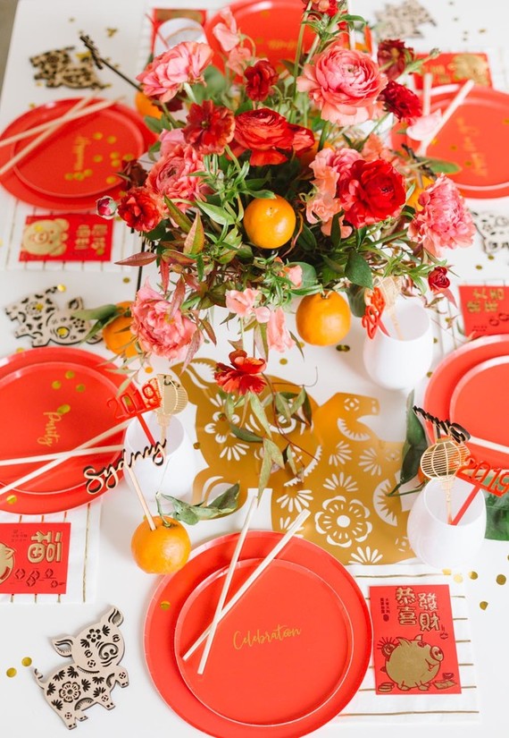 Lunar New Year kids party with red and gold details