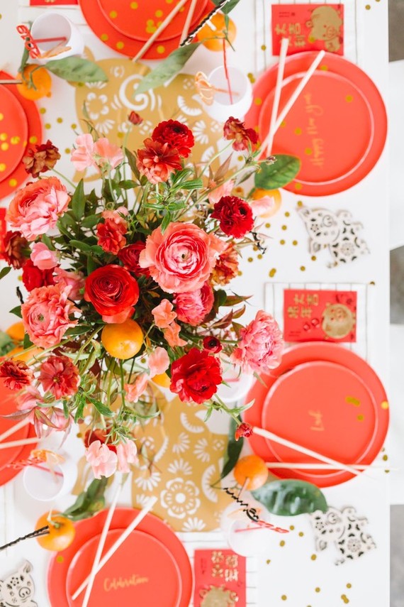 Lunar New Year kids party with red and gold details