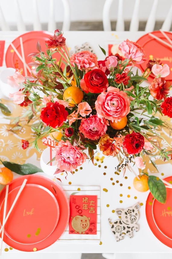 Lunar New Year kids party with red and gold details