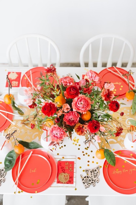 Lunar New Year kids party with red and gold details