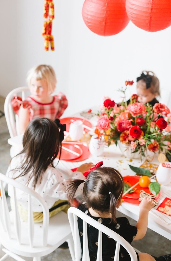 Lunar New Year kids party with red and gold details