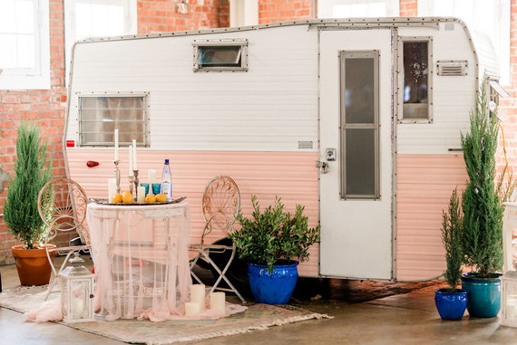 Pink and white caravan