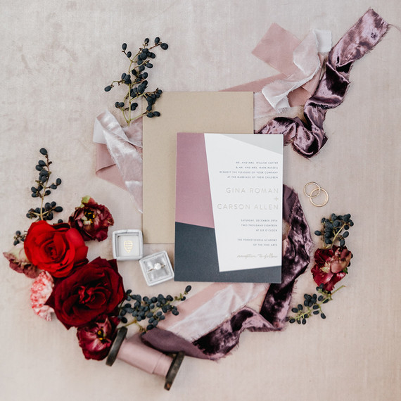 Elegant winter wedding invites for an art gallery wedding