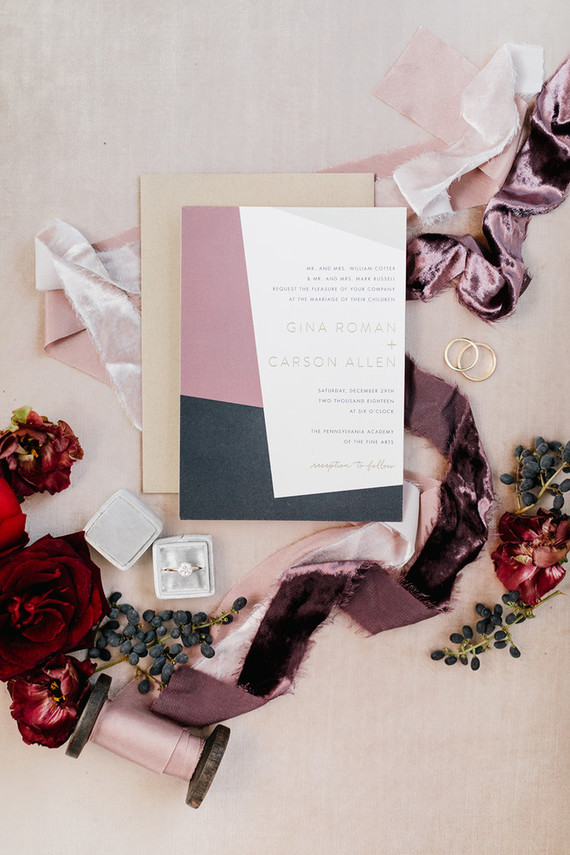 Elegant winter wedding invites for an art gallery wedding