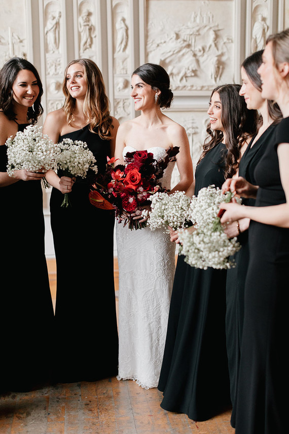 black bridesmaid dresses with baby's breath bouquets Inspiration