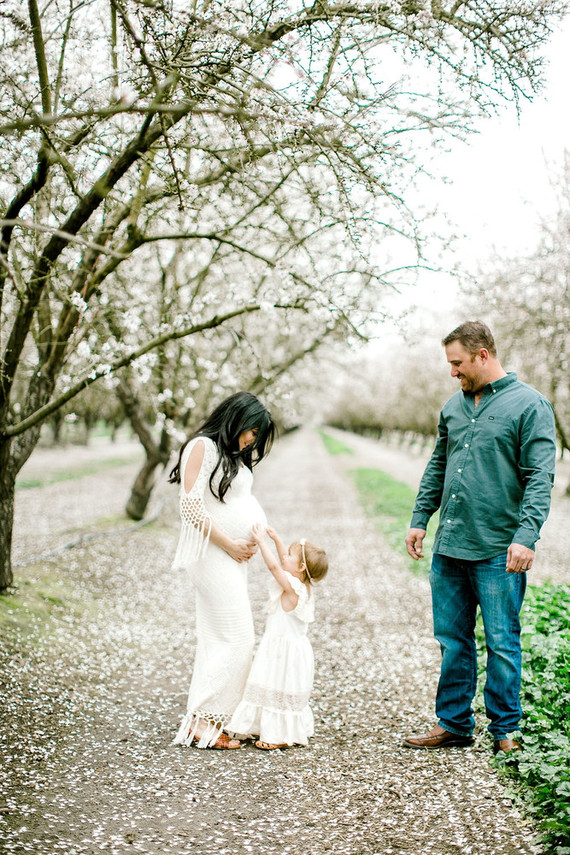 Almond orchard maternity photos in the central valley of California