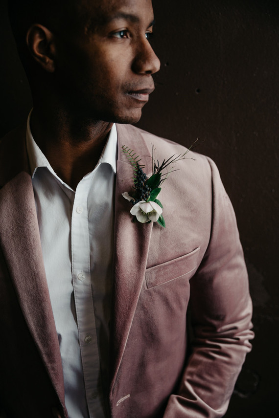 Fashion-forward groom style with a mauve jacket