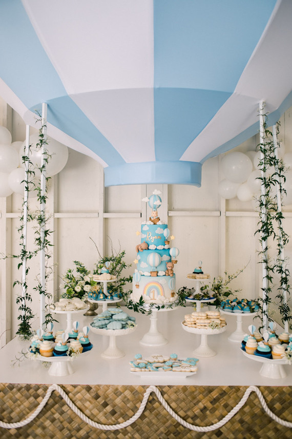 hot air balloon dessert table for an amazing 1st birthday party
