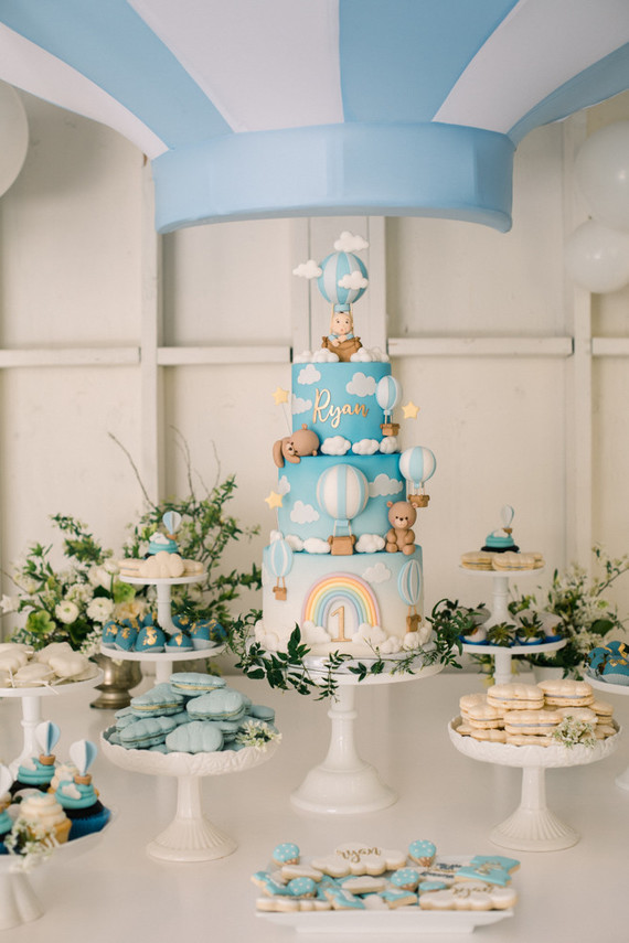 hot air balloon dessert table for an amazing 1st birthday party
