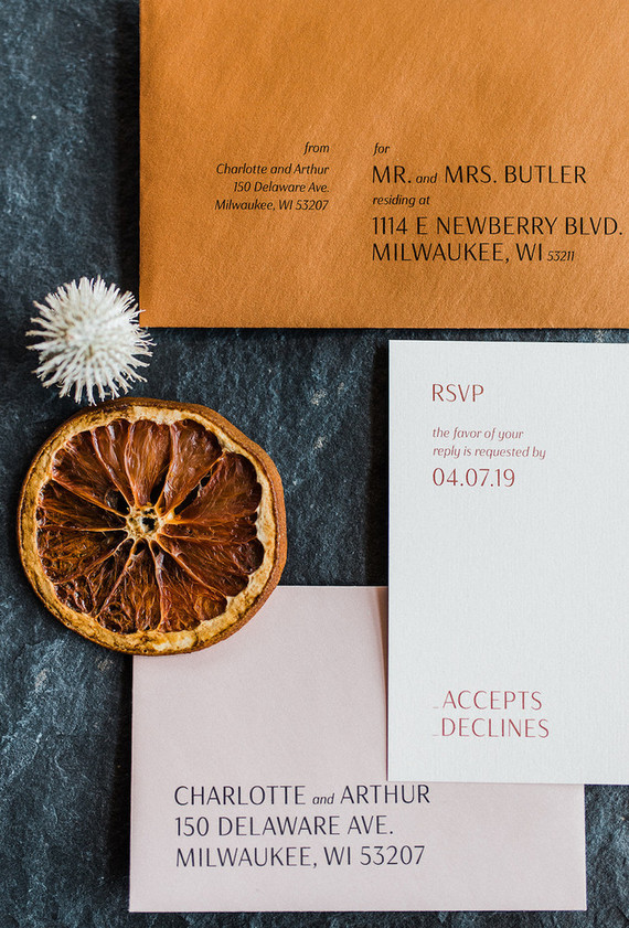 Rust and blush modern wedding invitations