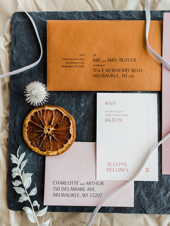 Rust and blush modern wedding invitations