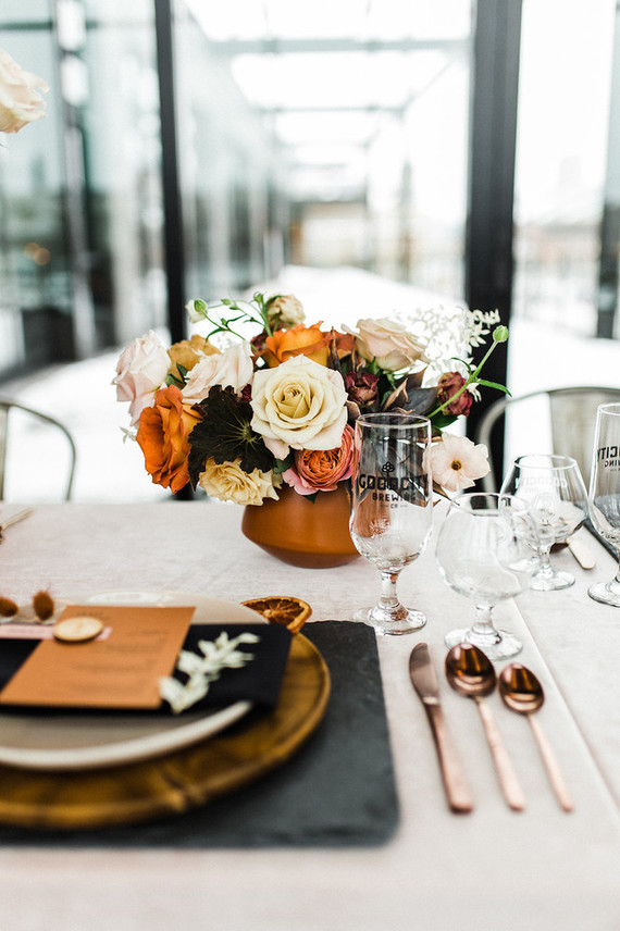 Modern Midwest brewery wedding inspiration with rust and white details