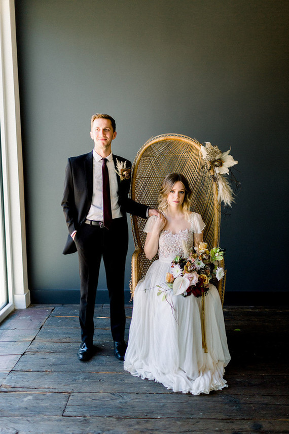 Gorgeous modern wedding portraits with boho chairs Inspiration