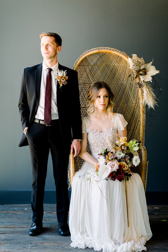 Gorgeous modern wedding portraits with boho chairs Inspiration