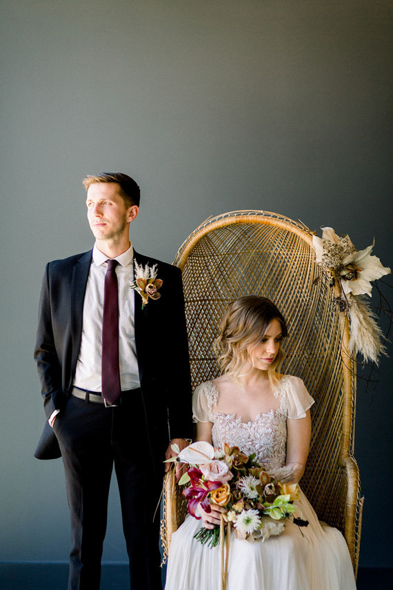 Gorgeous modern wedding portraits with boho chairs Inspiration
