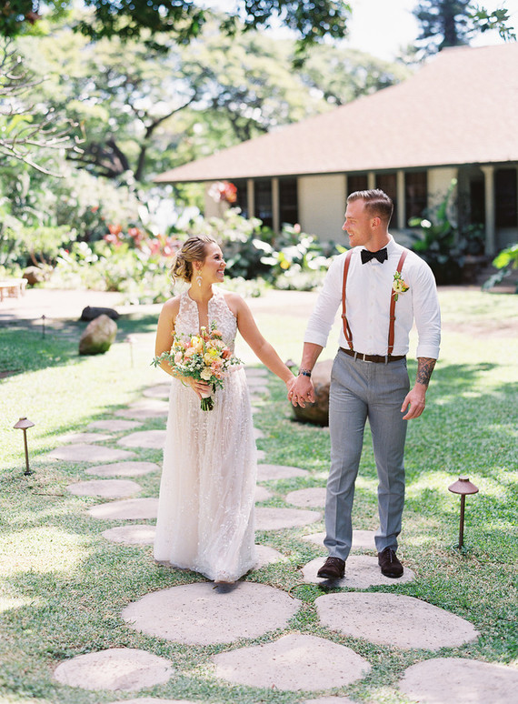 Romantic Hawaii wedding with an insanely cool dress, inspired by a Maui sunset