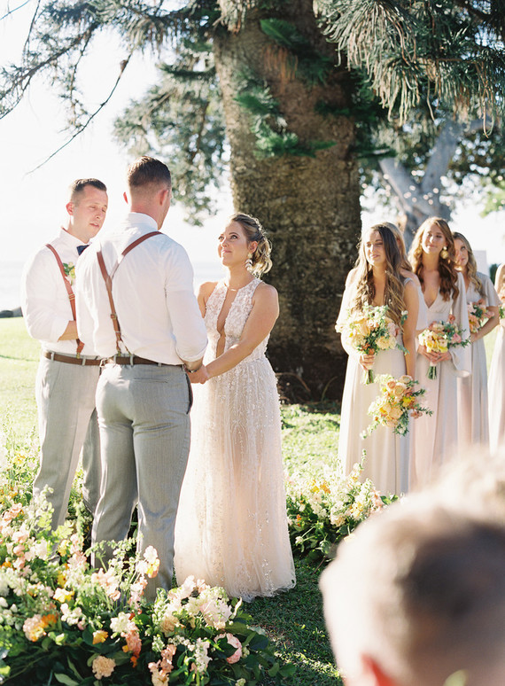 Romantic Hawaii wedding with an insanely cool dress, inspired by a Maui sunset