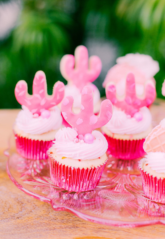 All pink Cinco de Mayo party with cactus cupcakes