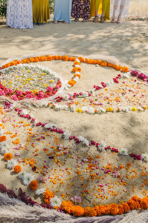 Ceremony with handmade chuppah and floral mandala Inspiration