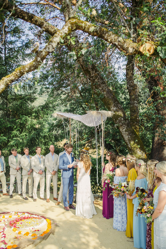 Ceremony with handmade chuppah and floral mandala Inspiration