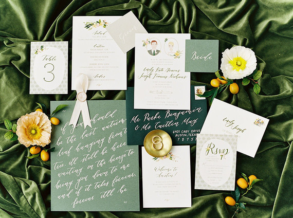 Emerald green wedding details from a Prospect House wedding in Texas Inspiration