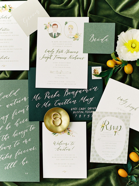 Emerald green wedding details from a Prospect House wedding in Texas