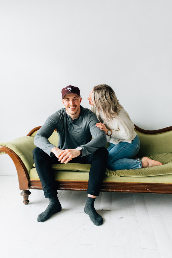 Cozy rainy day engagement photos styled at home