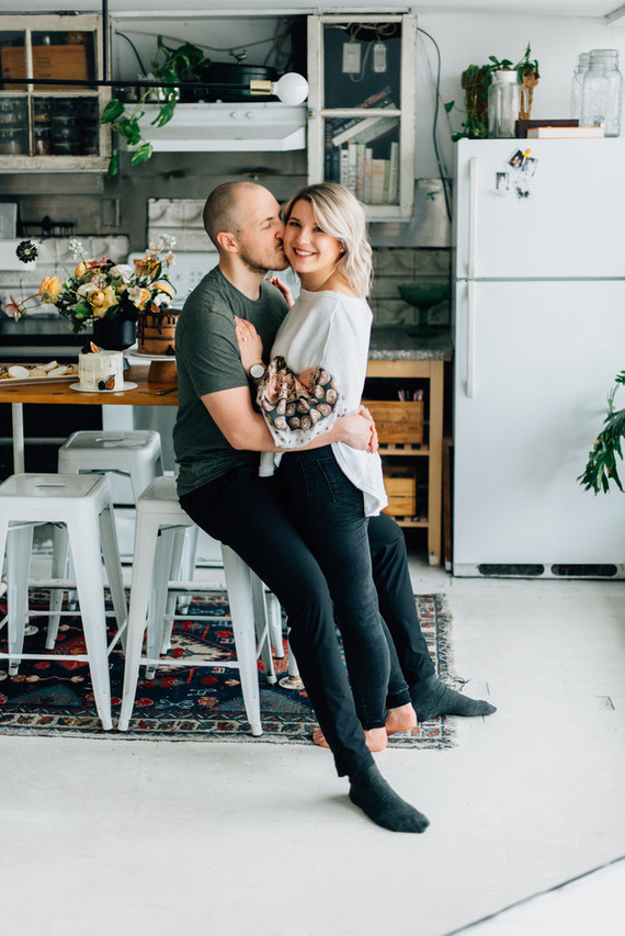 Cozy rainy day engagement photos styled at home