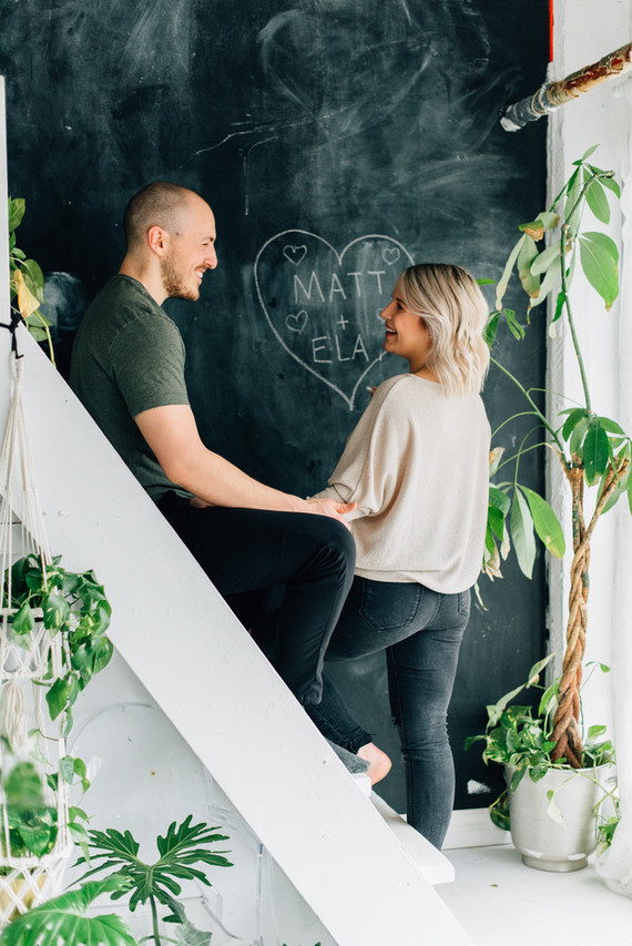 Cozy rainy day engagement photos styled at home