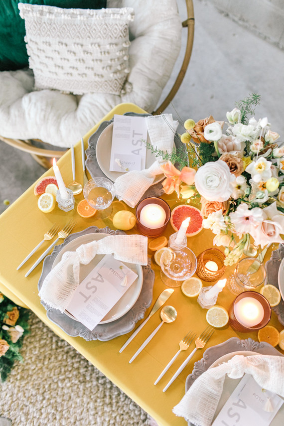Marigold and grey modern tropical wedding ideas