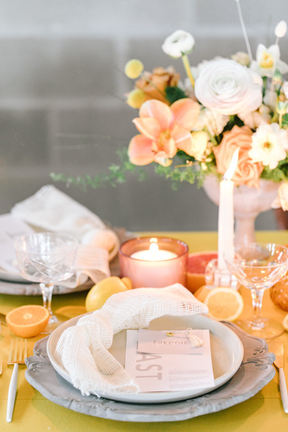 Marigold and grey modern tropical wedding ideas