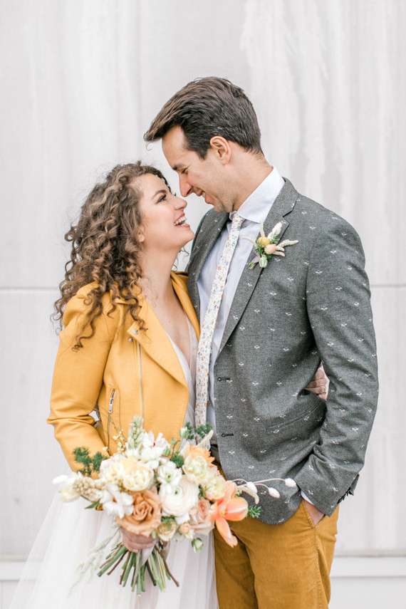 mustard and grey wedding fashion for bride and groom