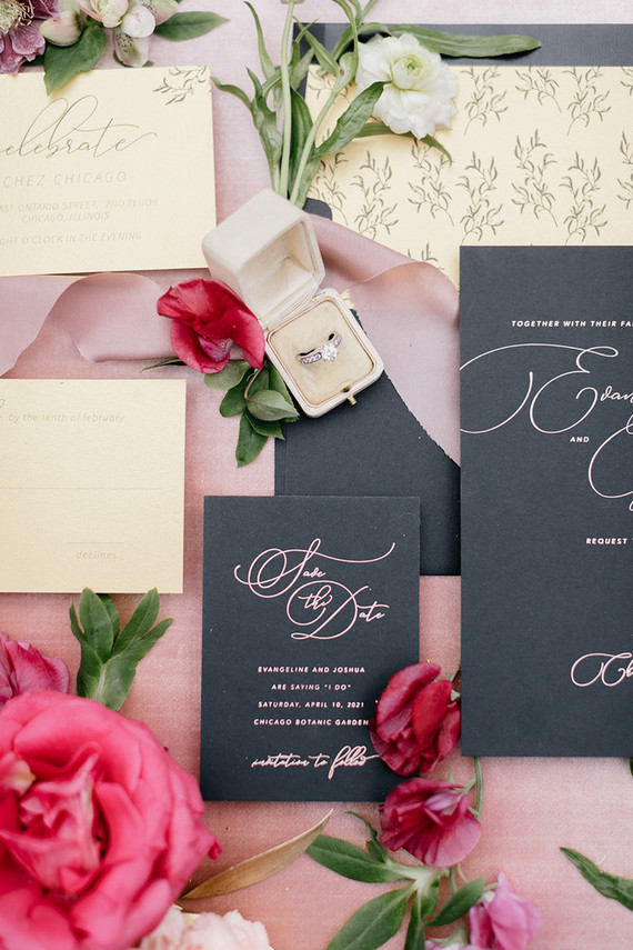 Modern pink and black wedding invitations