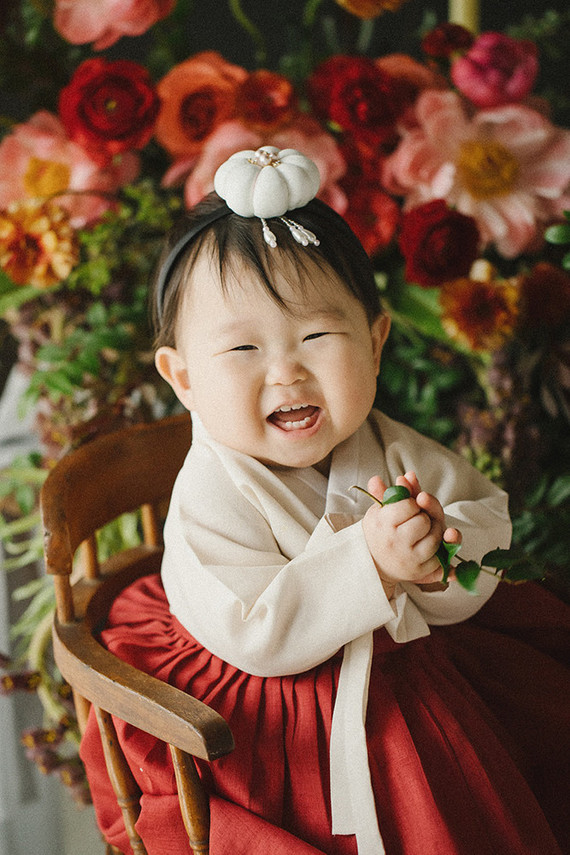 Elegant floral first birthday Korean Dol with peonies