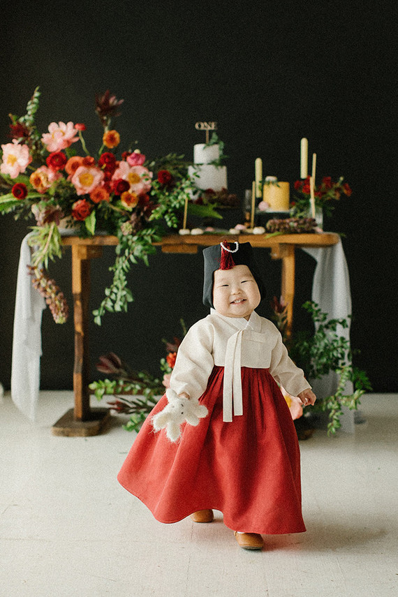 Elegant floral first birthday Korean Dol with peonies