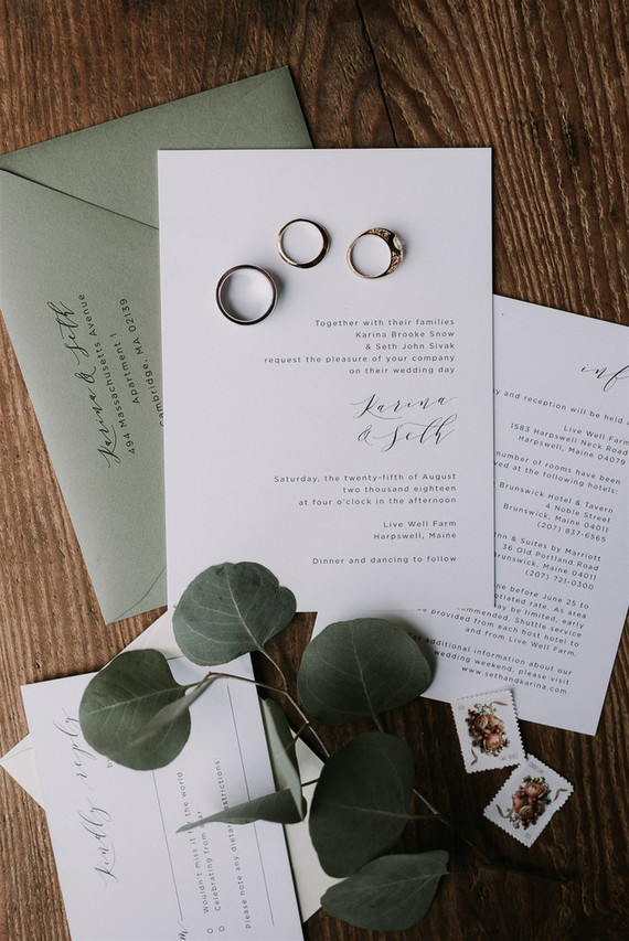 Green and white Maine barn wedding Inspiration