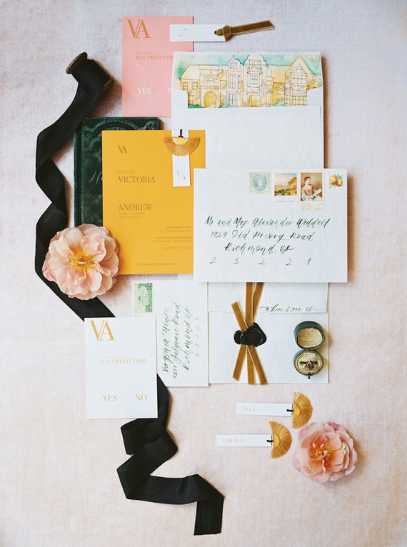 Gold and emerald wedding invitations