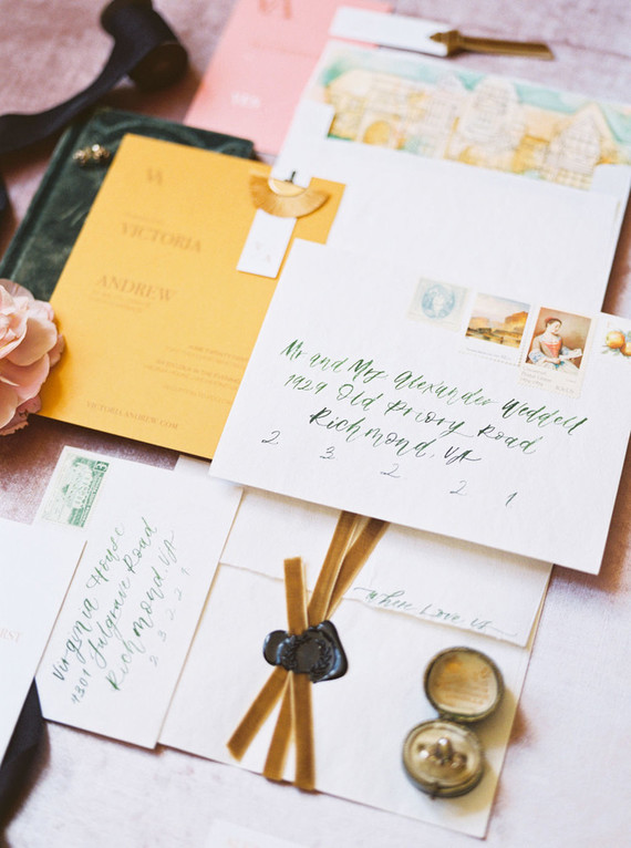 Gold and emerald wedding invitations