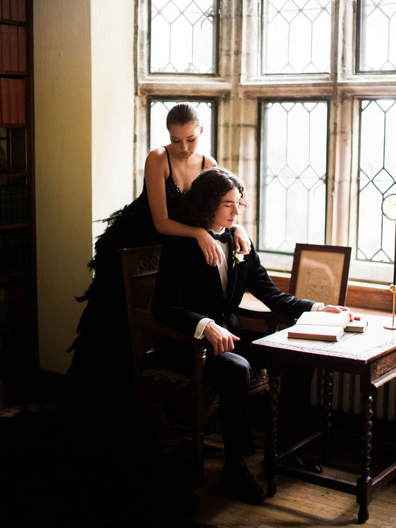 Black feather wedding dress