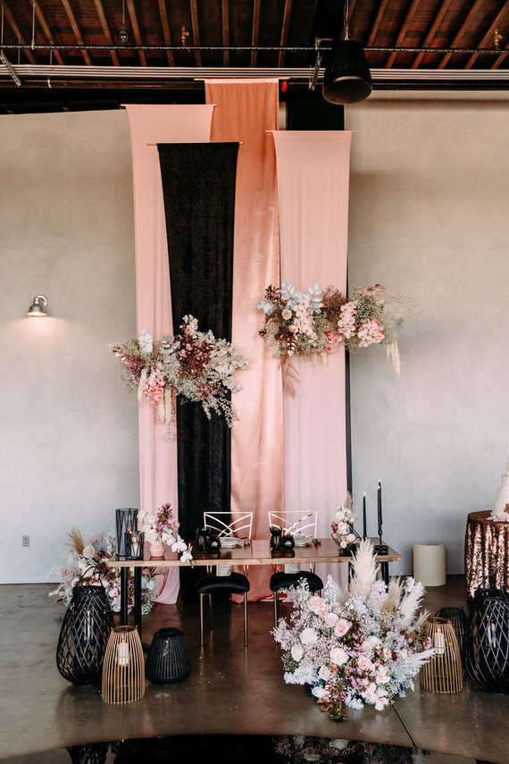 Black, gold, and pink wedding backdrop Inspiration