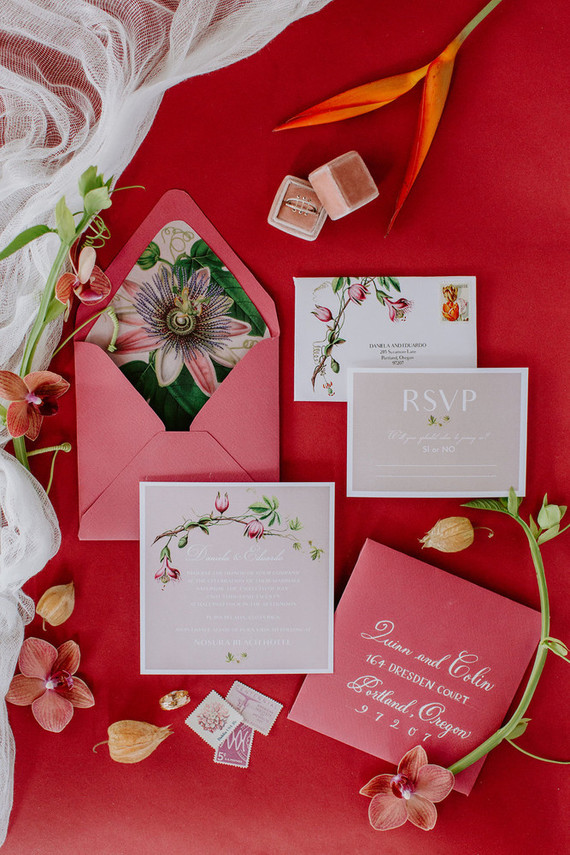 red tropical wedding invitations