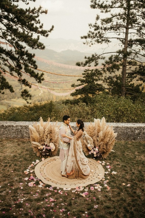 modern Indian wedding ceremony with pampas grass