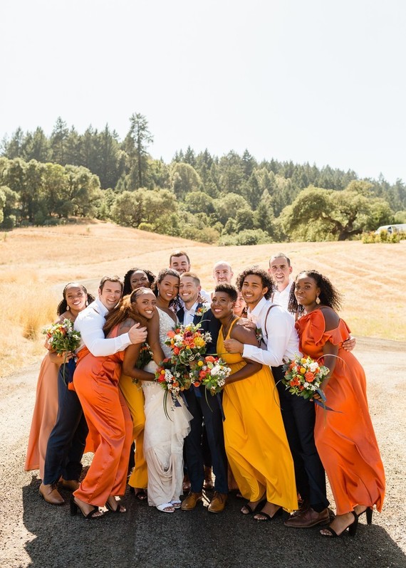 Orange and yellow bridesmaid dresses