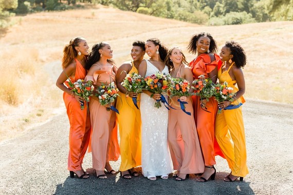 Orange and yellow bridesmaid dresses
