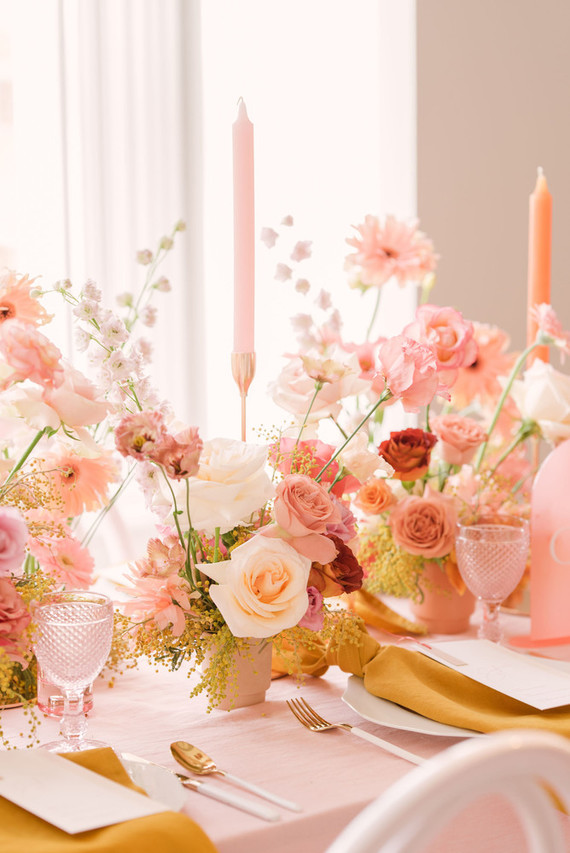 modern pink and ochre wedding tablescape Inspiration
