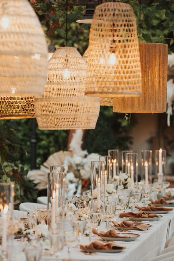 neutral tablescape with lanterns