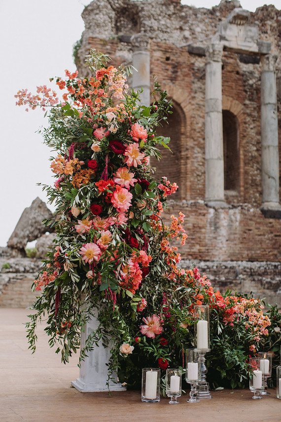coral charm peonies at Sicily wedding at the ancient Greek theatre of Taormina