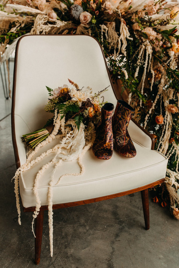 boho wedding bouquet and boots