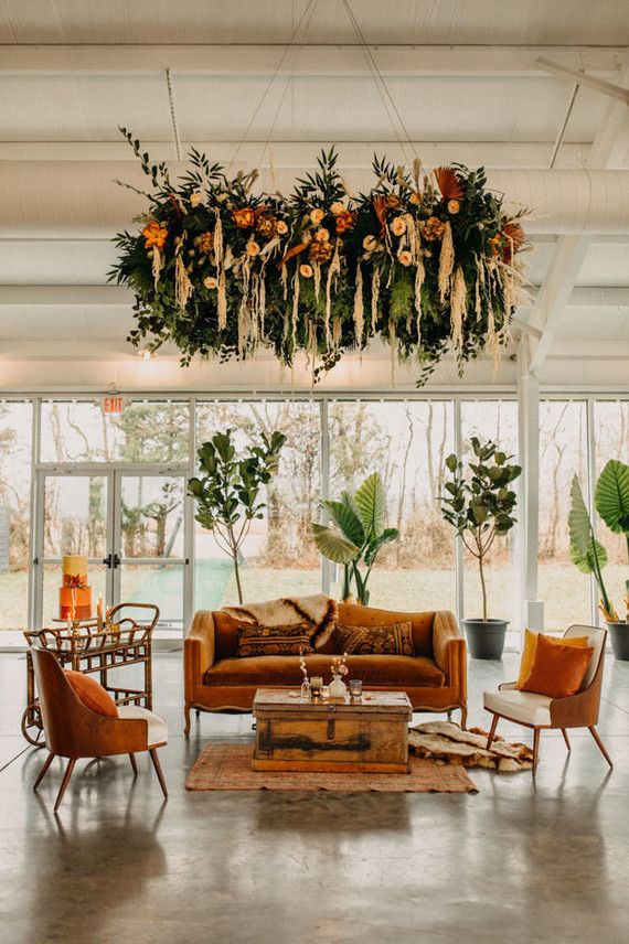 lush modern boho wedding floral installation