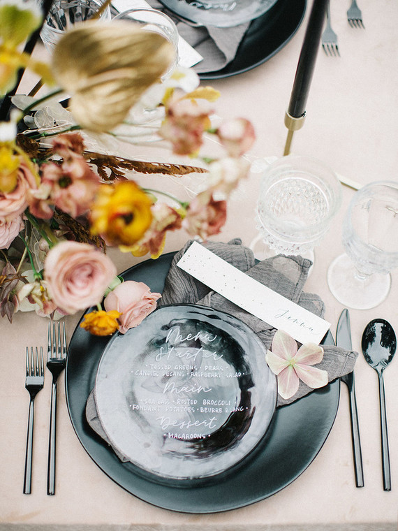 black place setting for wedding